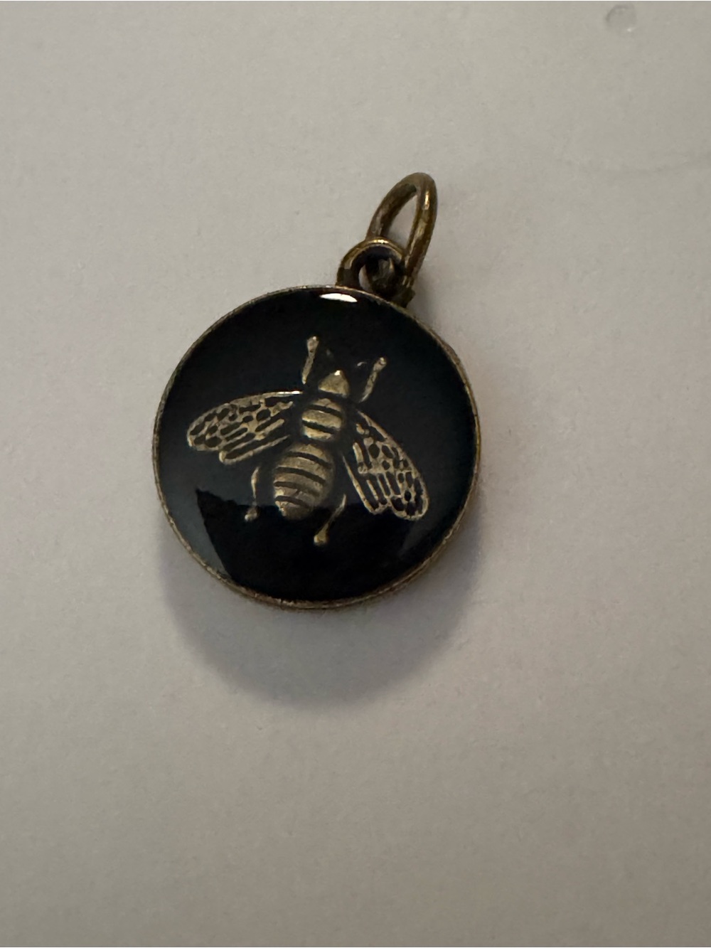 Gold Bee Round Pendant Necklace Charm in Black Enamel